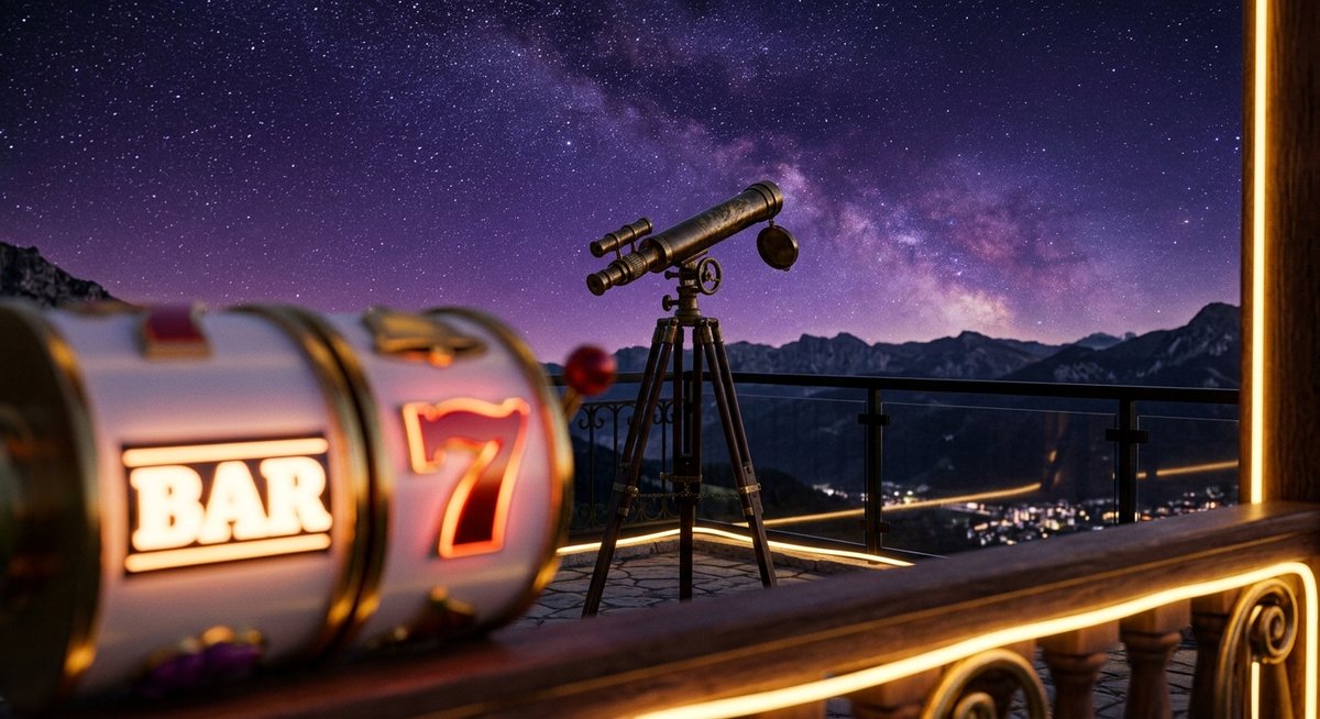 Teleskop kuningan kecil mengarah ke langit malam dengan simbol gulungan slot bernuansa emas