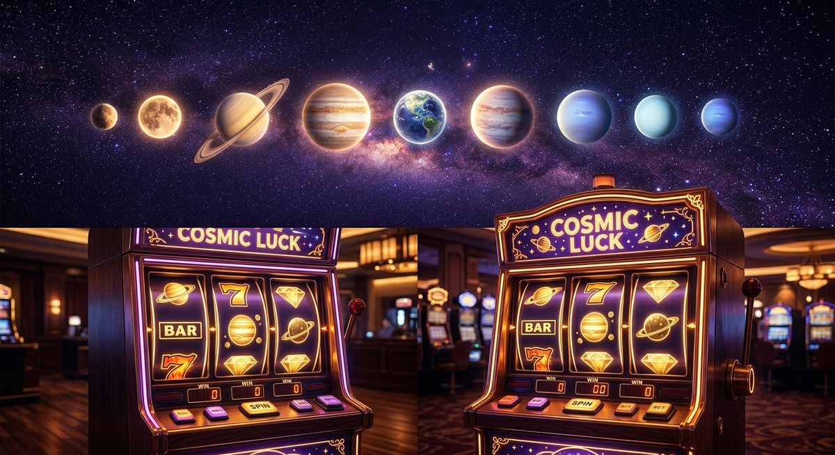 Barisan planet bersinar di langit malam ungu di atas gulungan mesin slot dengan simbol emas