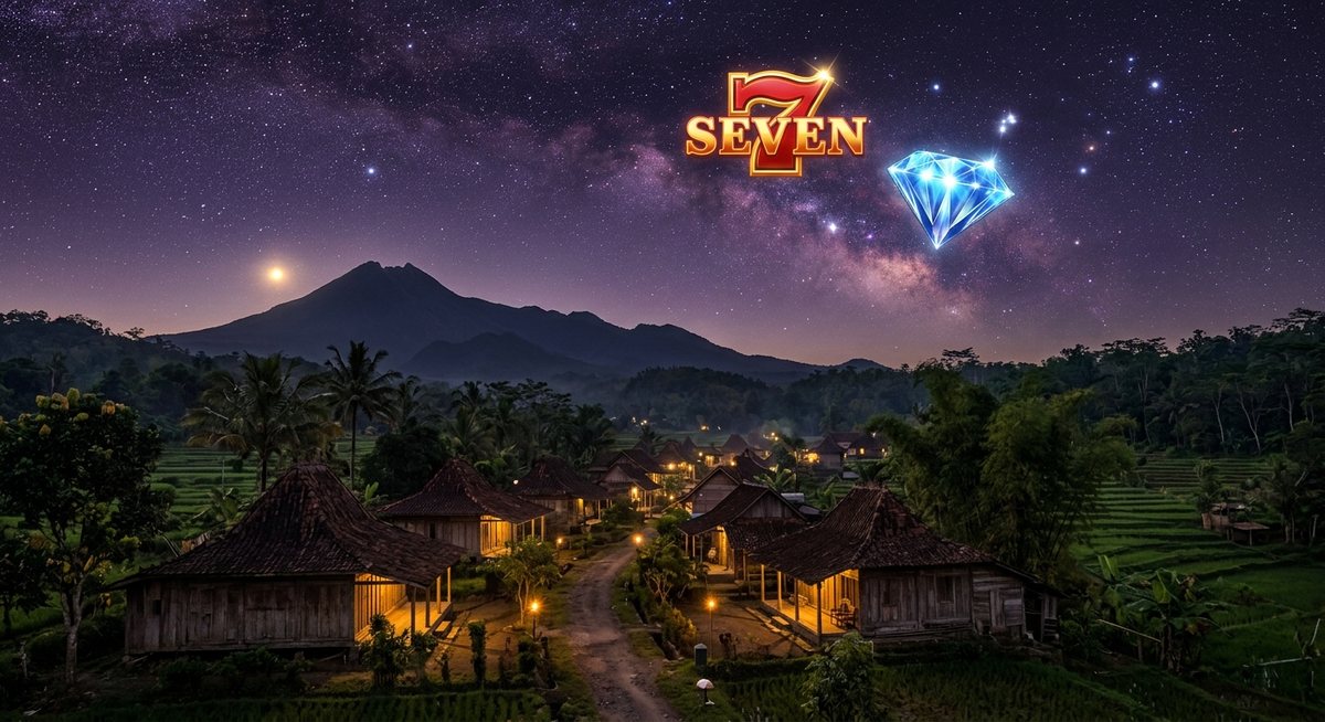 Desa tradisional Nusantara di malam hari dengan simbol slot menyala seperti bintang di langit ungu