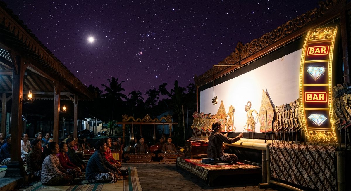 Pewayangan dan cerita rakyat di bawah langit malam bertabut bintang dengan hiasan gulungan emas